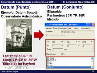 Jairo Eduardo Vargas
Sistemas de Coordenadas de Referencia CRS – III Seminario Geomática SCI
Datum (Punto)
Ejemplo: Datum Bogotá
Observatorio Astronómico
Datum (Conjunto)
Elipsoide
Parámetros ( 3P, 7P, 10P)
Método
13
Lat: 4º 35’ 56,57‖ N
Long: 74º 04º 51.30‖W
Elipsoide Int Hayford
 