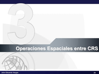 Jairo Eduardo Vargas
Sistemas de Coordenadas de Referencia CRS – III Seminario Geomática SCI
24
Operaciones Espaciales entre CRS
24
 