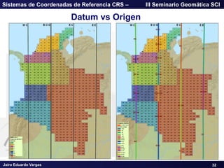 Jairo Eduardo Vargas
Sistemas de Coordenadas de Referencia CRS – III Seminario Geomática SCI
Datum vs Origen
32
 