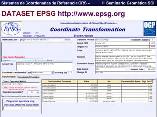 Jairo Eduardo Vargas
Sistemas de Coordenadas de Referencia CRS – III Seminario Geomática SCI
37
DATASET EPSG http://www.epsg.org
 