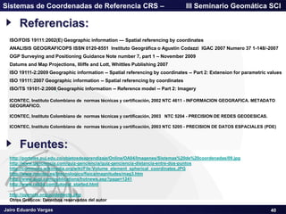 Jairo Eduardo Vargas
Sistemas de Coordenadas de Referencia CRS – III Seminario Geomática SCI
40
ISO/FDIS 19111:2002(E) Geographic information — Spatial referencing by coordinates
ANALISIS GEOGRAFICOPS ISSN 0120-8551 Instituto Geográfica o Agustín Codazzi IGAC 2007 Numero 37 1-148/-2007
OGP Surveying and Positioning Guidance Note number 7, part 1 – November 2009
Datums and Map Projections, Illiffe and Lott, Whittles Publishing 2007
ISO 19111-2:2009 Geographic information -- Spatial referencing by coordinates -- Part 2: Extension for parametric values
ISO 19111:2007 Geographic information -- Spatial referencing by coordinates
ISO/TS 19101-2:2008 Geographic information -- Reference model -- Part 2: Imagery
ICONTEC, Instituto Colombiano de normas técnicas y certificación, 2002 NTC 4611 - INFORMACION GEOGRAFICA. METADATO
GEOGRAFICO.
ICONTEC, Instituto Colombiano de normas técnicas y certificación, 2003 NTC 5204 - PRECISION DE REDES GEODESICAS.
ICONTEC, Instituto Colombiano de normas técnicas y certificación, 2003 NTC 5205 - PRECISION DE DATOS ESPACIALES (PDE)
http://portales.puj.edu.co/objetosdeaprendizaje/Online/OA04/Imagenes/Sistemas%20de%20coordenadas/09.jpg
http://www.genciencia.com/quiz-genciencia/quiz-genciencia-distancia-entre-dos-puntos
http://commons.wikimedia.org/wiki/File:Volume_element_spherical_coordinates.JPG
http://www.monlau.es/btecnologico/fisica/magnitudes/mag3.htm
http://www.augi.com/publications/hotnews.asp?page=1241
http://www.rab3d.com/tutorial_started.html
http://opencts.org/guidedwcts.php
Otros Gráficos: Derechos reservados del autor
Referencias:
Fuentes:
 