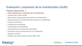 Programa (Aproximado…)
• Cifras significativas y expresión de la incertidumbre.
• Teorema del Límite Central.
• Dominancia (componente dominante de incertidumbre).
• Componentes de incertidumbre de resolución y repetibilidad.
• Factor de Cobertura.
• Incertidumbre expandida.
• Coeficientes de sensibilidad.
• Componente de incertidumbre del patrón.
• Estimación de la incertidumbre en una calibración.
• Aspecto numérico.
• Software de cálculo (según Norma IEEE 754).
Evaluación y expresión de la incertidumbre (GUM)
 