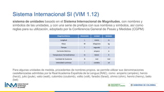 sistema de unidades basado en el Sistema Internacional de Magnitudes, con nombres y
símbolos de las unidades, y con una serie de prefijos con sus nombres y símbolos, así como
reglas para su utilización, adoptado por la Conferencia General de Pesas y Medidas (CGPM)
Para algunas unidades de medida, procedentes de nombres propios, se permite utilizar sus denominaciones
castellanizadas admitidas por la Real Academia Española de la Lengua (RAE), como: amperio (ampère), hercio
(herzt), julio (joule), vatio (watt), culombio (coulomb), voltio (volt), faradio (farad), ohmio (ohm), henrio (henry), belio
(bel)
Sistema Internacional SI (VIM 1.12)
Magnitud Básica Dimensión Unidad Símbolo
Longitud L metro m
Masa M kilogramo kg
Tiempo T segundo s
Corriente Eléctrica I ampere A
Temperatura Termodinámica Q Kelvin K
Cantidad de Sustancia N mol mol
Intensidad Luminosa J candela cd
 