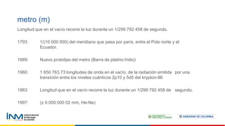 Longitud que en el vacío recorre la luz durante un 1/299 792 458 de segundo.
1793: 1/(10 000 000) del meridiano que pasa por parís, entre el Polo norte y el
Ecuador.
1889: Nuevo prototipo del metro (Barra de platino Iridio)
1960: 1 650 763.73 longitudes de onda en el vacío, de la radiación emitida por una
transición entre los niveles cuánticos 2p10 y 5d5 del krypton-86
1983: Longitud que en el vacío recorre la luz durante un 1/299 792 458 de segundo.
1997: (± 0.000 000 02 mm, He-Ne)
metro (m)
 