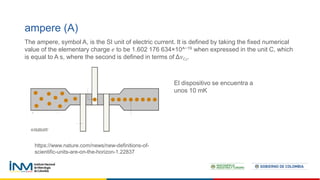 ampere (A)
The ampere, symbol A, is the SI unit of electric current. It is defined by taking the fixed numerical
value of the elementary charge 𝑒 to be 1.602 176 634×10^−19 when expressed in the unit C, which
is equal to A s, where the second is defined in terms of Δ𝜈𝐶𝑠.
El dispositivo se encuentra a
unos 10 mK
https://www.nature.com/news/new-definitions-of-
scientific-units-are-on-the-horizon-1.22837
 