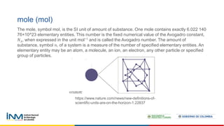 mole (mol)
The mole, symbol mol, is the SI unit of amount of substance. One mole contains exactly 6.022 140
76×10^23 elementary entities. This number is the fixed numerical value of the Avogadro constant,
𝑁𝐴, when expressed in the unit mol−1 and is called the Avogadro number. The amount of
substance, symbol 𝑛, of a system is a measure of the number of specified elementary entities. An
elementary entity may be an atom, a molecule, an ion, an electron, any other particle or specified
group of particles.
https://www.nature.com/news/new-definitions-of-
scientific-units-are-on-the-horizon-1.22837
 