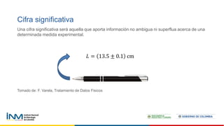 Cifra significativa
Una cifra significativa será aquella que aporta información no ambigua ni superflua acerca de una
determinada medida experimental.
Tomado de: F. Varela, Tratamiento de Datos Fisicos
𝐿 = 13.5 ± 0.1 cm
 