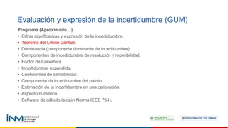 Programa (Aproximado…)
• Cifras significativas y expresión de la incertidumbre.
• Teorema del Límite Central.
• Dominancia (componente dominante de incertidumbre).
• Componentes de incertidumbre de resolución y repetibilidad.
• Factor de Cobertura.
• Incertidumbre expandida.
• Coeficientes de sensibilidad.
• Componente de incertidumbre del patrón.
• Estimación de la incertidumbre en una calibración.
• Aspecto numérico.
• Software de cálculo (según Norma IEEE 754).
Evaluación y expresión de la incertidumbre (GUM)
 
