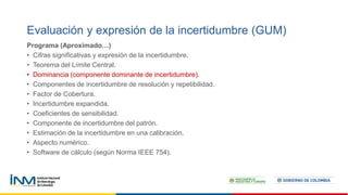 Programa (Aproximado…)
• Cifras significativas y expresión de la incertidumbre.
• Teorema del Límite Central.
• Dominancia (componente dominante de incertidumbre).
• Componentes de incertidumbre de resolución y repetibilidad.
• Factor de Cobertura.
• Incertidumbre expandida.
• Coeficientes de sensibilidad.
• Componente de incertidumbre del patrón.
• Estimación de la incertidumbre en una calibración.
• Aspecto numérico.
• Software de cálculo (según Norma IEEE 754).
Evaluación y expresión de la incertidumbre (GUM)
 