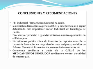 CONCLUSIONES Y RECOMENDACIONES
• PBI industrial Farmacéutico Nacional ha caído.
• la estructura farmacéutica genera déficit y la tendencia es a seguir
debilitando este importante sector Industrial de tecnología de
Punta.
• No existe reciprocidad e igualdad de trato a nuestros productos en
el Extranjero
• Necesitamos política clara de fomento de exportaciones de la
Industria Farmacéutica, requiriendo trato reciproco, revisión de
Balanza Comercial Farmacéutica, reconocimiento mutuo, etc.
• Generemos confianza a través de la Calidad de los
MEDICAMENTOS GENERICOS, mediante el control de calidad
de nuestro país.
 