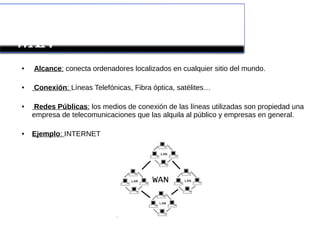 REDES DE ÁREA EXTENSA: 
WAN
● Alcance: conecta ordenadores localizados en cualquier sitio del mundo.
● Conexión: Líneas Telefónicas, Fibra óptica, satélites…
● Redes Públicas: los medios de conexión de las líneas utilizadas son propiedad una
empresa de telecomunicaciones que las alquila al público y empresas en general.
● Ejemplo: INTERNET
 