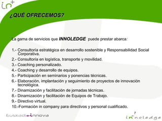 ¿QUÉ OFRECEMOS?¿QUÉ OFRECEMOS?
La gama de servicios que INNOLEDGEINNOLEDGE puede prestar abarca:
1.- Consultoría estratégica en desarrollo sostenible y Responsabilidad Social
Corporativa.
2.- Consultoría en logística, transporte y movilidad.
3.- Coaching personalizado.
4.- Coaching y desarrollo de equipos.
5.- Participación en seminarios y ponencias técnicas.
6.- Elaboración, implantación y seguimiento de proyectos de innovación
tecnológica.
7.- Dinamización y facilitación de jornadas técnicas.
8.- Dinamización y facilitación de Equipos de Trabajo.
9.- Directivo virtual.
10.-Formación in company para directivos y personal cualificado.
7
 
