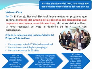 Para las elecciones del 2014, tendremos 316
beneficiarias y beneficiarios del Voto en Casa

Voto en Casa
Art 7.- El Consej...