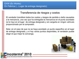 EXW (Ex Works) En Fábrica (…Lugar de entrega designado)  Transferencia de riesgos y costos El vendedor transfiere todos los costos y riesgos de perdida o daño causados a la mercancía, una vez que ha entregado la mercancía en el punto acordado (si lo hay) en el lugar  de entrega designado y sin cargarla en ningún vehículo proporcionado por el comprador.   Nota: en el caso de que no se haya acordado un punto especifico en el lugar de entrega designado, y si hay varios puntos disponibles, el vendedor puede elegir el que mejor le convenga. 
