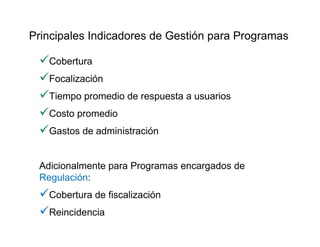 Cobertura
Focalización
Tiempo promedio de respuesta a usuarios
Costo promedio
Gastos de administración
Adicionalmente para Programas encargados de
Regulación:
Cobertura de fiscalización
Reincidencia
Principales Indicadores de Gestión para Programas
 
