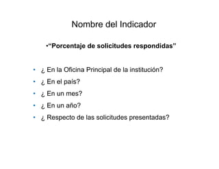 •“Porcentaje de solicitudes respondidas”
• ¿ En la Oficina Principal de la institución?
• ¿ En el país?
• ¿ En un mes?
• ¿ En un año?
• ¿ Respecto de las solicitudes presentadas?
Nombre del Indicador
 