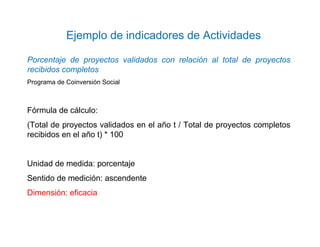 Porcentaje de proyectos validados con relación al total de proyectos
recibidos completos
Programa de Coinversión Social
Fórmula de cálculo:
(Total de proyectos validados en el año t / Total de proyectos completos
recibidos en el año t) * 100
Unidad de medida: porcentaje
Sentido de medición: ascendente
Dimensión: eficacia
Ejemplo de indicadores de Actividades
 