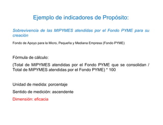 Sobrevivencia de las MIPYMES atendidas por el Fondo PYME para su
creación
Fondo de Apoyo para la Micro, Pequeña y Mediana Empresa (Fondo PYME)
Fórmula de cálculo:
(Total de MIPYMES atendidas por el Fondo PYME que se consolidan /
Total de MIPYMES atendidas por el Fondo PYME) * 100
Unidad de medida: porcentaje
Sentido de medición: ascendente
Dimensión: eficacia
Ejemplo de indicadores de Propósito:
 