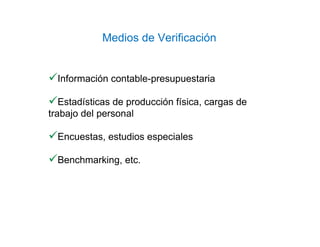 Información contable-presupuestaria
Estadísticas de producción física, cargas de
trabajo del personal
Encuestas, estudios especiales
Benchmarking, etc.
Medios de Verificación
 