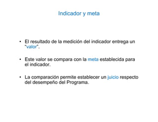 Indicador y meta
• El resultado de la medición del indicador entrega un
“valor”.
• Este valor se compara con la meta establecida para
el indicador.
• La comparación permite establecer un juicio respecto
del desempeño del Programa.
 