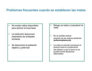 Problemas frecuentes cuando se establecen las metas
• No existen datos disponibles
para estimar la línea base
• La institución desconoce
estándares de entidades
similares
• Se desconoce la población
objetivo y potencial
• Riesgo se sobre o subvalorar la
meta
• No es posible evaluar
respecto de las mejores prácticas
(autocomplacencia)
• La meta no permite monitorear el
avance hacia el cumplimiento
del objetivo (y por lo tanto no se
pueden tomar decisiones
adecuadas)
 