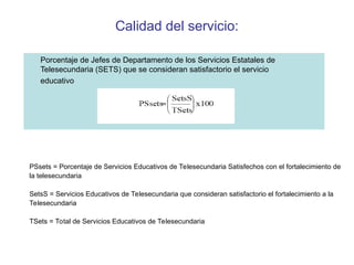 Calidad del servicio:
Porcentaje de Jefes de Departamento de los Servicios Estatales de
Telesecundaria (SETS) que se consideran satisfactorio el servicio
educativo
PSsets = Porcentaje de Servicios Educativos de Telesecundaria Satisfechos con el fortalecimiento de
la telesecundaria
SetsS = Servicios Educativos de Telesecundaria que consideran satisfactorio el fortalecimiento a la
Telesecundaria
TSets = Total de Servicios Educativos de Telesecundaria
 