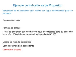 Porcentaje de la población que cuenta con agua desinfectada para su
consumo
Programa Agua Limpia
Fórmula de cálculo:
(Total de población que cuenta con agua desinfectada para su consumo
en el año t / Total de población del país en el año t) * 100
Unidad de medida: porcentaje
Sentido de medición: ascendente
Dimensión: eficacia
Ejemplo de indicadores de Propósito:
 