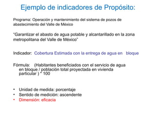 Ejemplo de indicadores de Propósito:
Programa: Operación y mantenimiento del sistema de pozos de
abastecimiento del Valle de México
“Garantizar el abasto de agua potable y alcantarillado en la zona
metropolitana del Valle de México”
Indicador: Cobertura Estimada con la entrega de agua en bloque
Fórmula: (Habitantes beneficiados con el servicio de agua
en bloque / población total proyectada en vivienda
particular ) * 100
• Unidad de medida: porcentaje
• Sentido de medición: ascendente
• Dimensión: eficacia
 