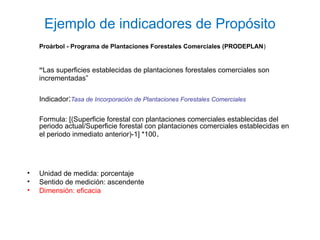 Ejemplo de indicadores de Propósito
Proárbol - Programa de Plantaciones Forestales Comerciales (PRODEPLAN)
“Las superficies establecidas de plantaciones forestales comerciales son
incrementadas”
Indicador:Tasa de Incorporación de Plantaciones Forestales Comerciales
Formula: [(Superficie forestal con plantaciones comerciales establecidas del
periodo actual/Superficie forestal con plantaciones comerciales establecidas en
el periodo inmediato anterior)-1] *100.
• Unidad de medida: porcentaje
• Sentido de medición: ascendente
• Dimensión: eficacia
 