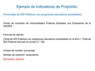 Porcentaje de IES Públicas con programas educativos acreditados
Fondo de Inversión de Universidades Públicas Estatales con Evaluación de la
ANUIES
Fórmula de cálculo:
(Total de IES Públicas con programas educativos acreditados en el año t / Total de
IES Públicas del país en el año t) * 100
Unidad de medida: porcentaje
Sentido de medición: ascendente
Dimensión: eficacia
Ejemplo de indicadores de Propósito:
 