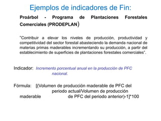 Ejemplos de indicadores de Fin:
Proárbol - Programa de Plantaciones Forestales
Comerciales (PRODEPLAN)
“Contribuir a elevar los niveles de producción, productividad y
competitividad del sector forestal abasteciendo la demanda nacional de
materias primas maderables incrementando su producción, a partir del
establecimiento de superficies de plantaciones forestales comerciales”.
Indicador: Incremento porcentual anual en la producción de PFC
nacional.
Fórmula: [(Volumen de producción maderable de PFC del
periodo actual/Volumen de producción
maderable de PFC del periodo anterior)-1]*100
 