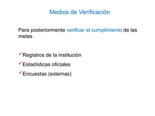 Para posteriormente verificar el cumplimiento de las
metas
Registros de la institución
Estadísticas oficiales
Encuestas (externas)
Medios de Verificación
 