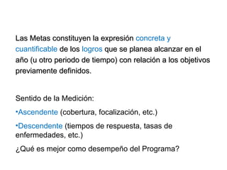 Las Metas constituyen la expresión
Las Metas constituyen la expresión concreta y
cuantificable de los
de los logros que se planea alcanzar en el
que se planea alcanzar en el
año (u otro periodo de tiempo) con relación a los objetivos
año (u otro periodo de tiempo) con relación a los objetivos
previamente definidos.
previamente definidos.
Sentido de la Medición:
•Ascendente (cobertura, focalización, etc.)
•Descendente (tiempos de respuesta, tasas de
enfermedades, etc.)
¿Qué es mejor como desempeño del Programa?
 