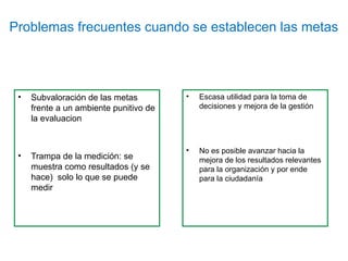 Problemas frecuentes cuando se establecen las metas
• Subvaloración de las metas
frente a un ambiente punitivo de
la evaluacion
• Trampa de la medición: se
muestra como resultados (y se
hace) solo lo que se puede
medir
• Escasa utilidad para la toma de
decisiones y mejora de la gestión
• No es posible avanzar hacia la
mejora de los resultados relevantes
para la organización y por ende
para la ciudadanía
 