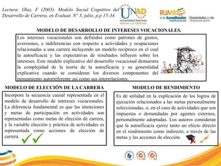 Lectura: Olaz, F (2003). Modelo Social Cognitivo del
Desarrollo de Carrera, en Evaluar, N° 3, julio, p.p 15-34.
MODELO DE DESARROLLO DE INTERESES VOCACIONALES.
MODELO DE ELECCIÓN DE LA CARRERA MODELO DE RENDIMIENTO
Los intereses vocacionales son definidos como patrones de gustos,
aversiones, e indiferencias con respecto a actividades y ocupaciones
relacionadas a una carrera incluyendo un modelo recíproco en el cual
la autoeficacia y las expectativas de resultados influyen sobre los
intereses. Este modelo explicativo del desarrollo vocacional demuestra
la complejidad de la teoría de la autoeficacia y su generalidad
explicativa cuando se consideran los diversos componentes del
pensamiento autorreferente así como sus interrelaciones.
Incorpora la secuencia causal representada en el
modelo de desarrollo de intereses vocacionales.
La diferencia fundamental es que las intenciones
y metas de participación en actividades son
representadas como metas de elección de carrera,
y la variable elección y práctica de actividades es
representada como acciones de elección de
carrera.
Es de utilidad en la explicación de los logros de
ejecución relacionados a las metas personalmente
seleccionadas, o, en el caso de actividades que son
impuestas o demandadas por agentes externos,
personalmente adoptadas. Los autores consideran
que la autoeficacia ejerce tanto un efecto directo
en el rendimiento como indirecto, a través de las
metas y las acciones de elección.
 