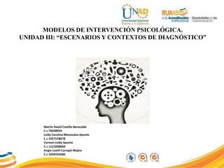 MODELOS DE INTERVENCIÓN PSICOLÓGICA.
UNIDAD III: “ESCENARIOS Y CONTEXTOS DE DIAGNÓSTICO”
Martin David Castillo Baracaldo
C.c 79448959
Leidy Carolina Manosalva Aponte
C.c 1057578678
Carmen Leidy Aponte
C.c 1121838660
Angie Lizeth Carvajal Mojica
C.c 1056554580
 