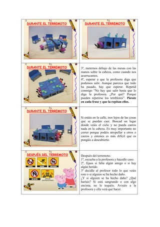 DURANTE EL TERREMOTO

DURANTE EL TERREMOTO

16

DURANTE EL TERREMOTO

18

17

3º, meternos debajo de las mesas con las
manos sobre la cabeza, como cuando nos
acurrucamos.
4º, esperar a que la profesora diga que
podemos salir. Aunque parezca que todo
ha pasado, hay que esperar. Repetid
conmigo “No hay que salir hasta que lo
diga la profesora. ¿Por qué? Porque
pueden repetirse los temblores”. Párate
en cada frase y que la repitan ellos.

DURANTE EL TERREMOTO

Si estáis en la calle, iros lejos de las cosas
que se puedan caer. Buscad un lugar
donde veáis el cielo y no pueda caeros
nada en la cabeza. Es muy importante no
correr porque podéis atropellar a otros o
caeros y entones es más difícil que os
pongáis a descubierto.
19

DESPUÉS DEL TERREMOTO

SEGUIR
INSTRUCCIONES

20

Después del terremoto:
1º, escucha a la profesora y hacedle caso.
2º, fijaos si falta algún amigo o si hay
algún herido.
3º decidle al profesor todo lo que veáis
roto o si alguien se ha hecho daño.
¿Y si alguien se ha hecho daño? ¿Qué
haríais? Si está sangrando o con algo
encima, no le toquéis. Avisáis a la
profesora y ella verá qué hacer.

 