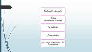 Perforación del colón 
Colitis 
pesudomembranosa 
Sx de Reiter 
Osteomielitis 
Sx urémico hemolítico: S. 
Dysentearie 
 