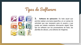 Tipos de Software
3. Software de aplicación: Es todo aquel que
permite realizar una tarea específica, en un campo de
actividad que sea necesario para el usuario y que
pueda ser tratado mediante información digital. Este
tipo de software son los procesadores de texto, las
planillas de cálculo, y los editores de imágenes.
 