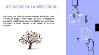 RECURSOS DE LA WEB SOCIAL
3
De entre los diversos medios sociales existentes, cabe
señalar los blogs y micro blogs, los sitios centrados en
proyectos colaborativos, las comunidades de contenidos,
los sitios de redes sociales y los juegos en mundos
virtuales.
 