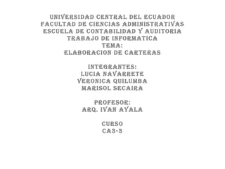 UNIVERSIDAD CENTRAL DEL ECUADOR FACULTAD DE CIENCIAS ADMINISTRATIVAS ESCUELA DE CONTABILIDAD Y AUDITORIA TRABAJO DE INFORMATICA TEMA: ELABORACION DE CARTERAS INTEGRANTES: LUCIA NAVARRETE VERONICA QUILUMBA MARISOL SECAIRA PROFESOR: Arq. IVAN AYALA CURSO CA3-3 
