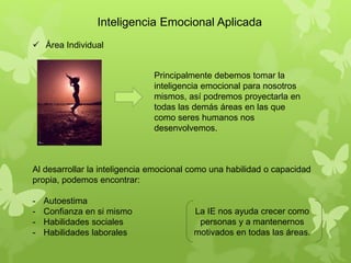 Inteligencia Emocional Aplicada
 Área Individual
Principalmente debemos tomar la
inteligencia emocional para nosotros
mismos, así podremos proyectarla en
todas las demás áreas en las que
como seres humanos nos
desenvolvemos.
Al desarrollar la inteligencia emocional como una habilidad o capacidad
propia, podemos encontrar:
- Autoestima
- Confianza en si mismo
- Habilidades sociales
- Habilidades laborales
La IE nos ayuda crecer como
personas y a mantenernos
motivados en todas las áreas.
 