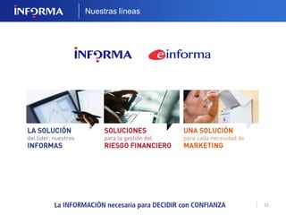 12 
AMÉRICA del NORTE: 
73.930.172 
AMÉRICA del SUR: 
20.170.393 
EUROPA: 
100.498.555 
AFRICA: 
2.741.201 
ASIA y OCEANIA: 
41.133.560 
ORIENTE MEDIO: 
1.702.872 
D&B WORLDWIDE NETWORK 
TOTAL 
240.176.753 empresas 
INFORMA D&B es el partner para España, Portugal y 
Colombia de Dun&Bradstreet Internacional y forma parte 
de la D&B Worldwide Network. 
 