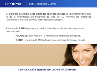 18 
INFORMA ESTRATÉGICO 
Nuestro Informa Estratégico es el informe 
idóneo para la alta dirección: más pequeño 
pero con mayor contenido. 
En formato infografía, con la información 
clave para conocer una empresa: 
presentada de forma muy visual, 
esquemática y con sencillos gráficos. 
En solo 4 hojas… 
toda la información necesaria 
Algún día todos los Informes serán así. 
 
