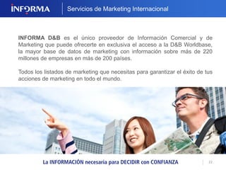 22 
SABI, AMADEUS Y ORBIS 
El Sistema de Análisis de Balances Ibéricos (SABI) 
es el software más flexible y potente del mercado, que 
permite analizar la información y las cuentas anuales 
de más de 1,25 millones de empresas nacionales y 
más de 500.000 empresas portuguesas. 
Además, disponemos de dos útiles herramientas de 
información internacional: 
AMADEUS 
Más de 20 millones 
de empresas 
europeas. 
ORBIS 
Más de 123 millones 
de empresas de todo 
el mundo. 
 