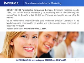 Solución integral personalizada para la autogestión y control del riesgo de crédito comercial. 
24 
PLATAFORMA PARA LA GESTIÓN DE RIESGOS: ONERATE 
CONSULTORÍA 
Servicios especializados en 
optimización de procedimientos internos 
de crédito. 
Diseño personalizado de sistemas de 
rating y credit scoring propios 
PLATAFORMA DE GESTIÓN 
Potente software de gestión para el 
control de riesgos de crédito adaptable 
a las necesidades de cada cliente. 
Centralización de información para la 
toma de decisiones 
+ 
 