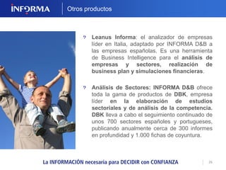 26 
SERVICIOS DEL REGISTRO 
Realice sus gestiones con los principales Registros 
Públicos y Empresariales cómodamente con 
INFORMA D&B. 
REGISTRO MERCANTIL 
Depósito de Cuentas 
Notas Simples y 
Certificaciones Registrales 
Certificado y Renovación 
de Denominación Social 
REGISTRO DE LA 
PROPIEDAD 
Servicios de Índices 
Verificación Registral 
REGISTRO DE TRAFICO 
Verificaciones de 
Matrículas 
 