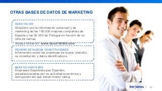 34 
OTRAS BASES DE DATOS DE MARKETING 
DUNS 100.000 
Directorio con la información comercial y de 
marketing de las 100.000 mejores compañías de 
España y las 20.000 de Portugal en función de su 
cifra de ventas. 
Acceso online en www.duns100000.com 
FICHERO DE NUEVAS CONSTITUCIONES 
Información sobre las empresas de nueva creación, 
su constitución y datos identificativos. 
BASE DE DATOS EEE 
Empresas Españolas que Exportan, 
preseleccionadas por su actividad económica y 
excluyendo las que tienen menor rating. 
 