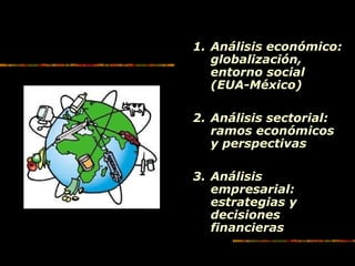 1. Análisis económico:
globalización,
entorno social
(EUA-México)
2. Análisis sectorial:
ramos económicos
y perspectivas
3. Análisis
empresarial:
estrategias y
decisiones
financieras
 