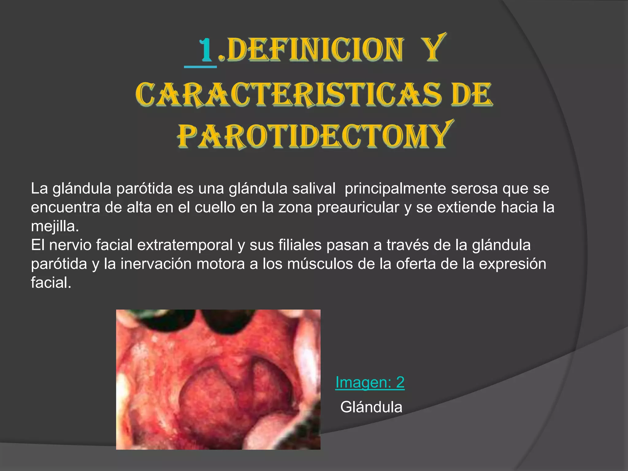 La glándula parótida es una glándula salival principalmente serosa que se
encuentra de alta en el cuello en la zona preauricular y se extiende hacia la
mejilla.
El nervio facial extratemporal y sus filiales pasan a través de la glándula
parótida y la inervación motora a los músculos de la oferta de la expresión
facial.




                                            Imagen: 2
                                             Glándula
 